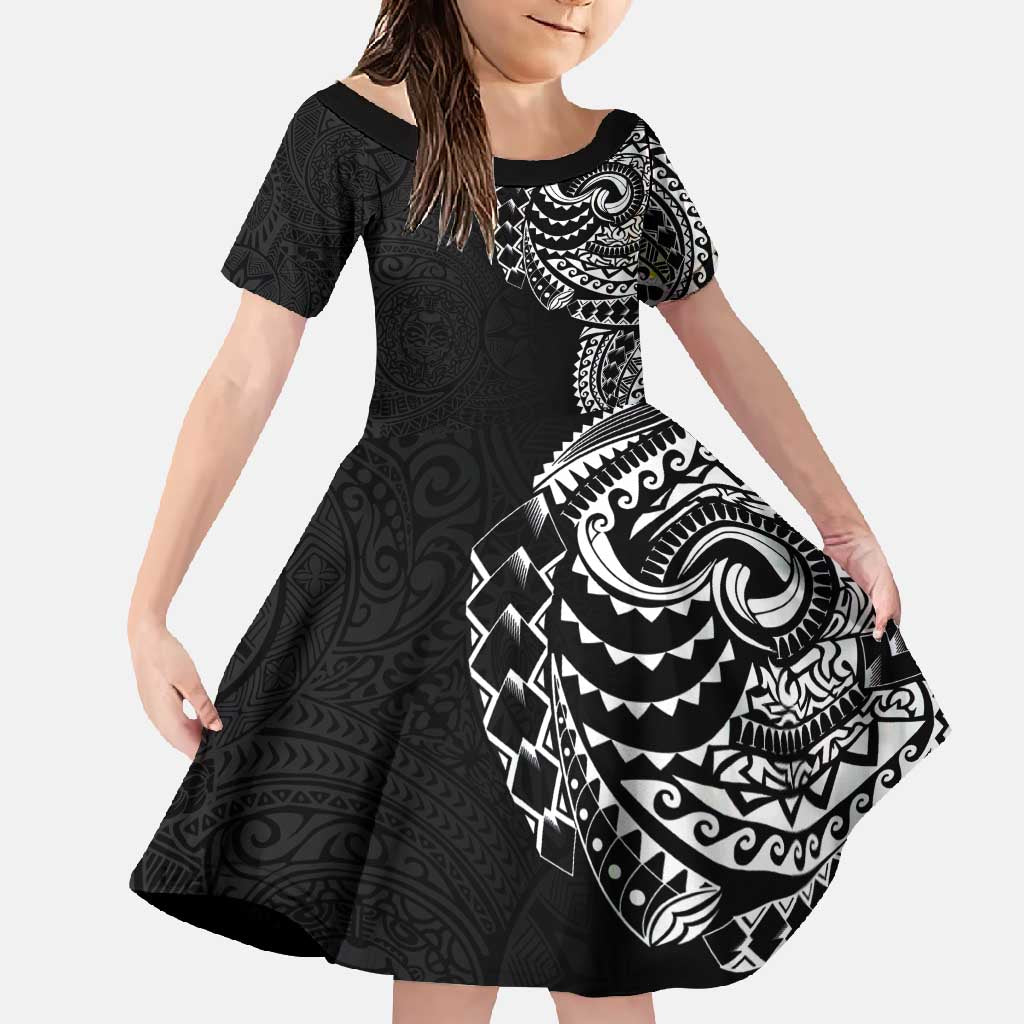 Polynesian Art Traditional Tattoo Pattern Family Matching Mermaid Dress and Hawaiian Shirt LT03 Daughter's Dress Black - Polynesian Pride