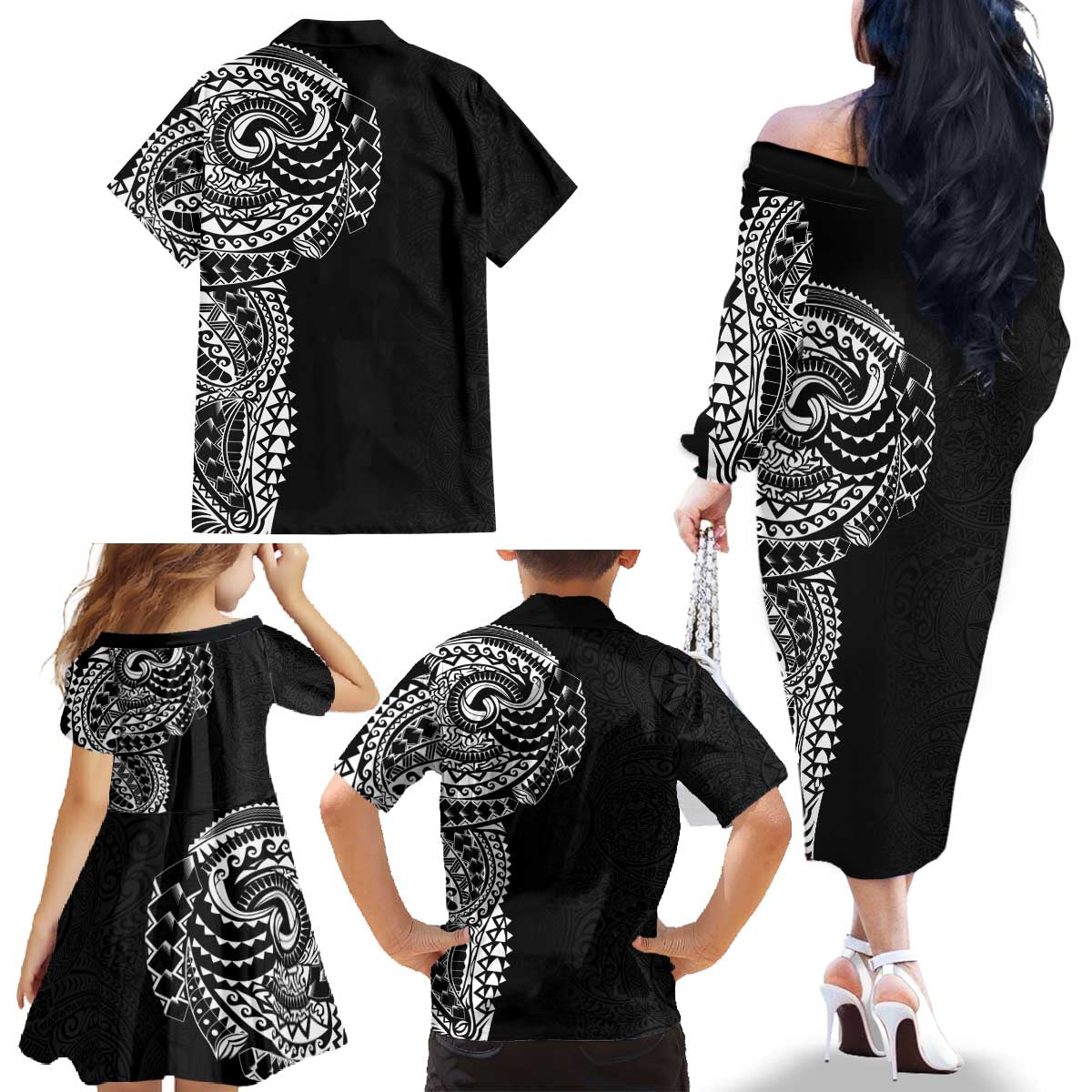 Polynesian Art Traditional Tattoo Pattern Family Matching Off The Shoulder Long Sleeve Dress and Hawaiian Shirt