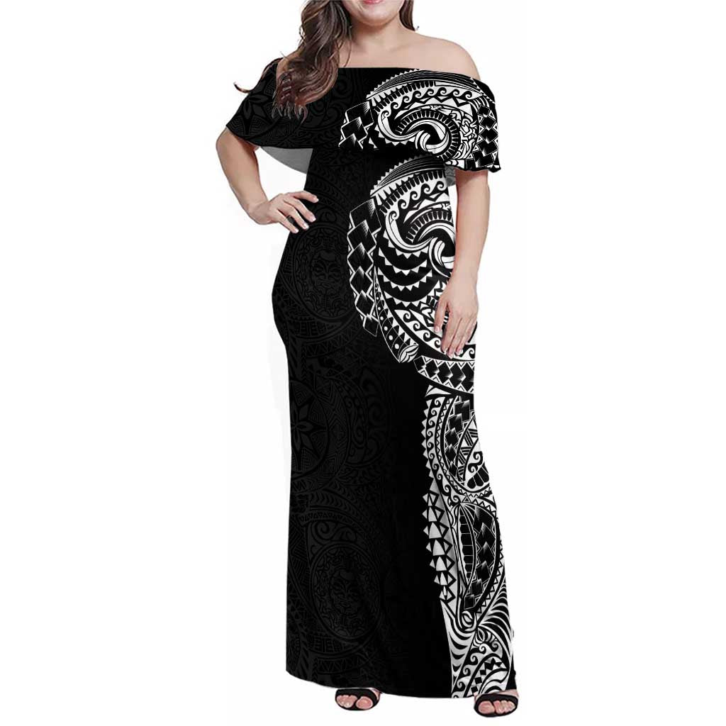 Polynesian Art Traditional Tattoo Pattern Family Matching Off Shoulder Maxi Dress and Hawaiian Shirt