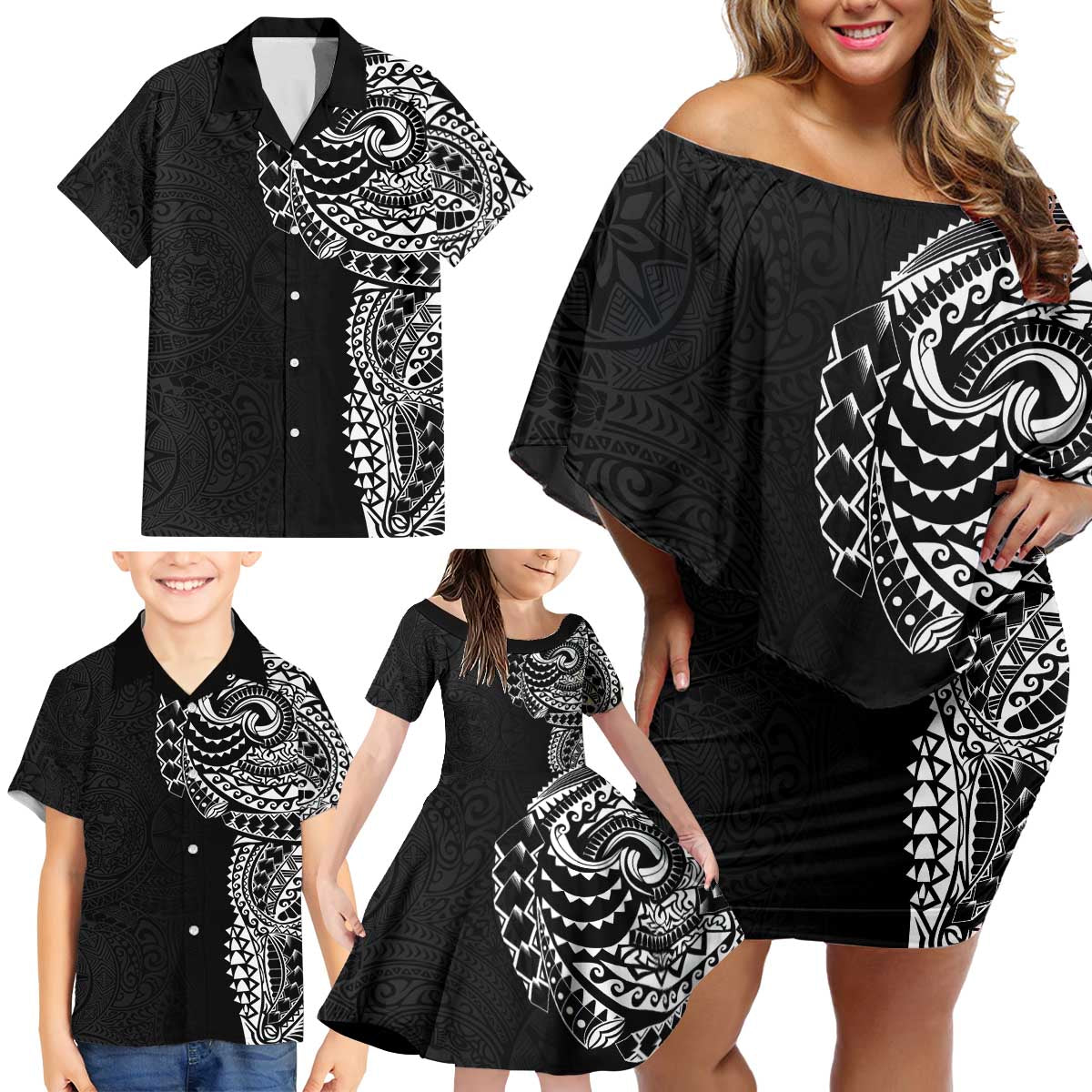 Polynesian Art Traditional Tattoo Pattern Family Matching Off Shoulder Short Dress and Hawaiian Shirt