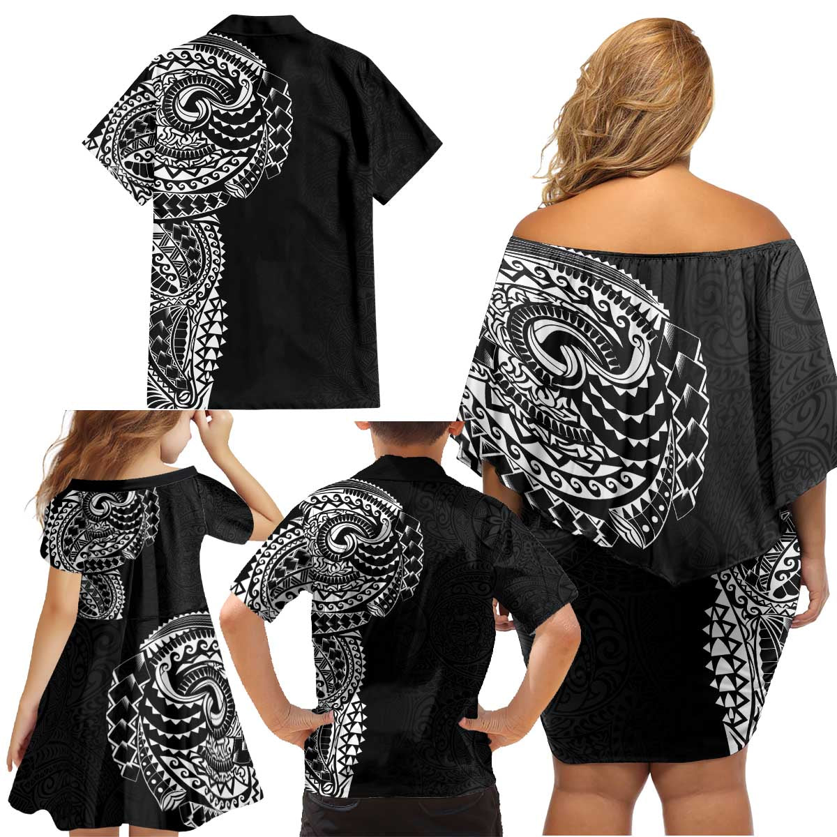 Polynesian Art Traditional Tattoo Pattern Family Matching Off Shoulder Short Dress and Hawaiian Shirt