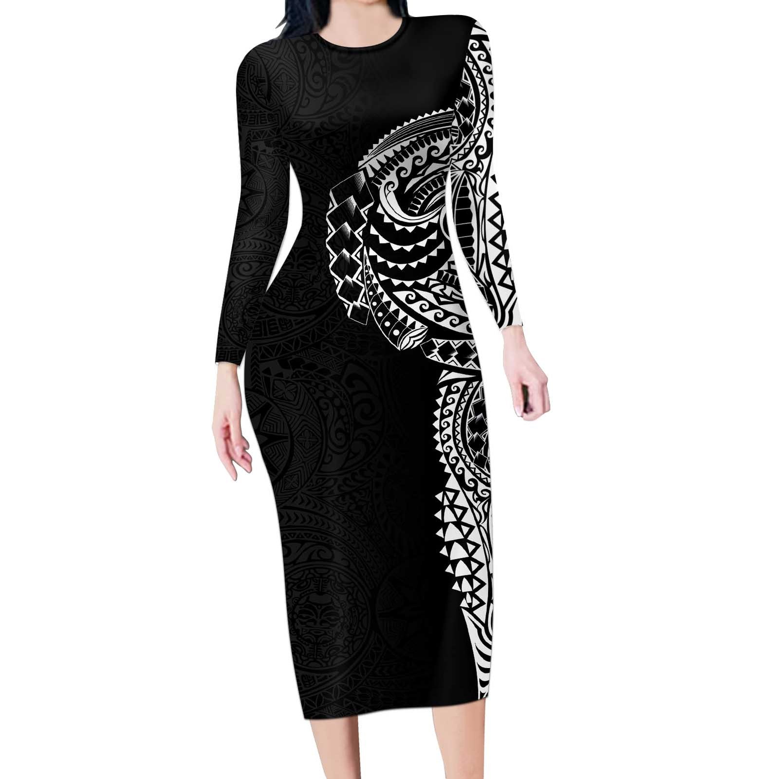 Polynesian Art Traditional Tattoo Pattern Long Sleeve Bodycon Dress LT03 Long Dress Black - Polynesian Pride
