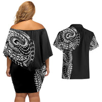 Polynesian Art Traditional Tattoo Couples Matching Off Shoulder Short Dress and Hawaiian Shirt Simple Style