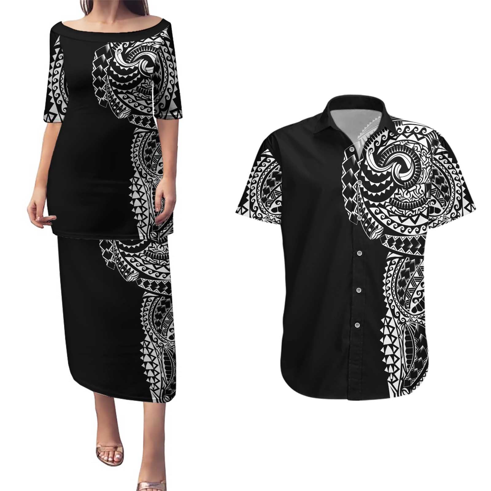 Polynesian Art Traditional Tattoo Couples Matching Puletasi and Hawaiian Shirt Simple Style LT03 Black - Polynesian Pride