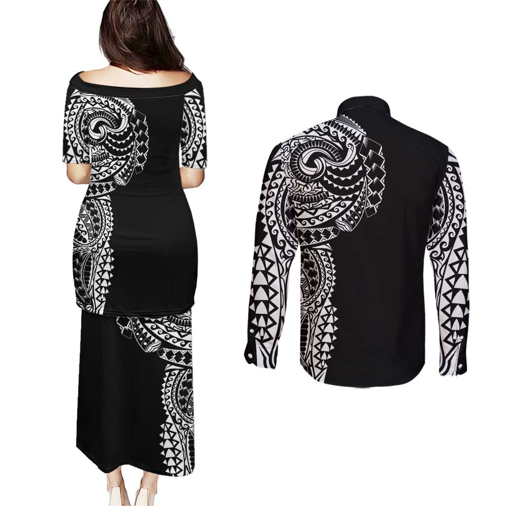 Polynesian Art Traditional Tattoo Couples Matching Puletasi and Long Sleeve Button Shirt Simple Style