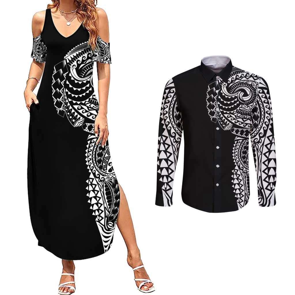 Polynesian Art Traditional Tattoo Couples Matching Summer Maxi Dress and Long Sleeve Button Shirt Simple Style