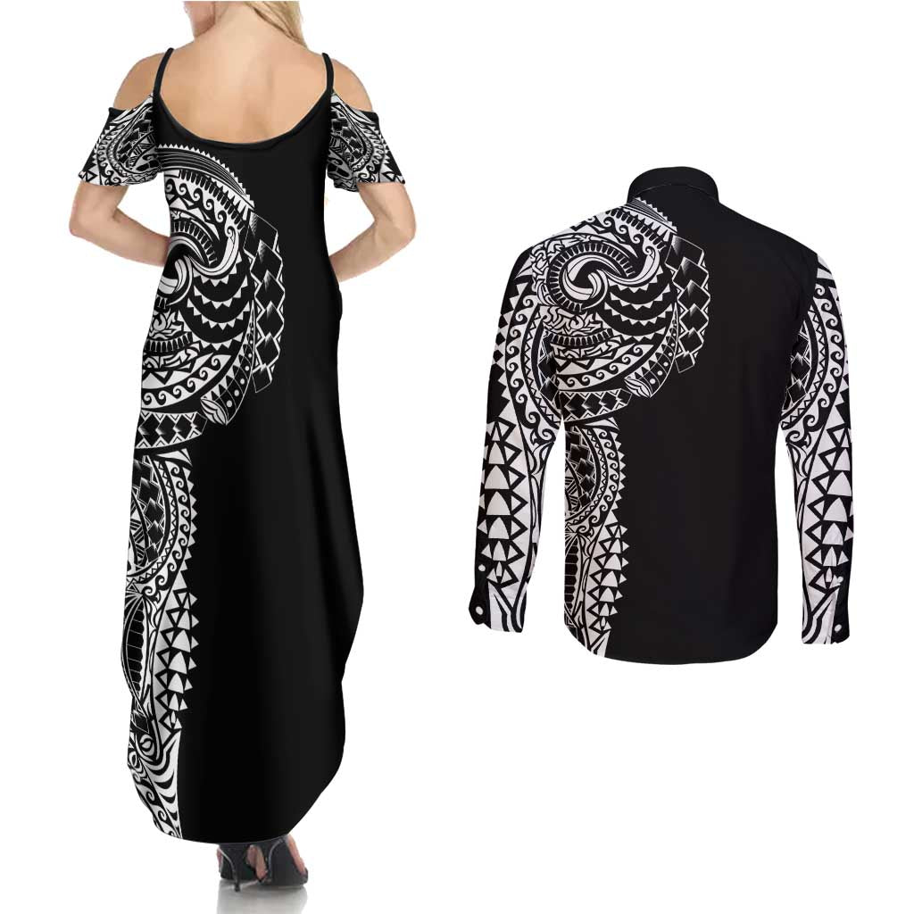 Polynesian Art Traditional Tattoo Couples Matching Summer Maxi Dress and Long Sleeve Button Shirt Simple Style