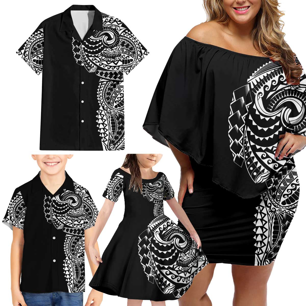 Polynesian Art Traditional Tattoo Family Matching Off Shoulder Short Dress and Hawaiian Shirt Simple Style