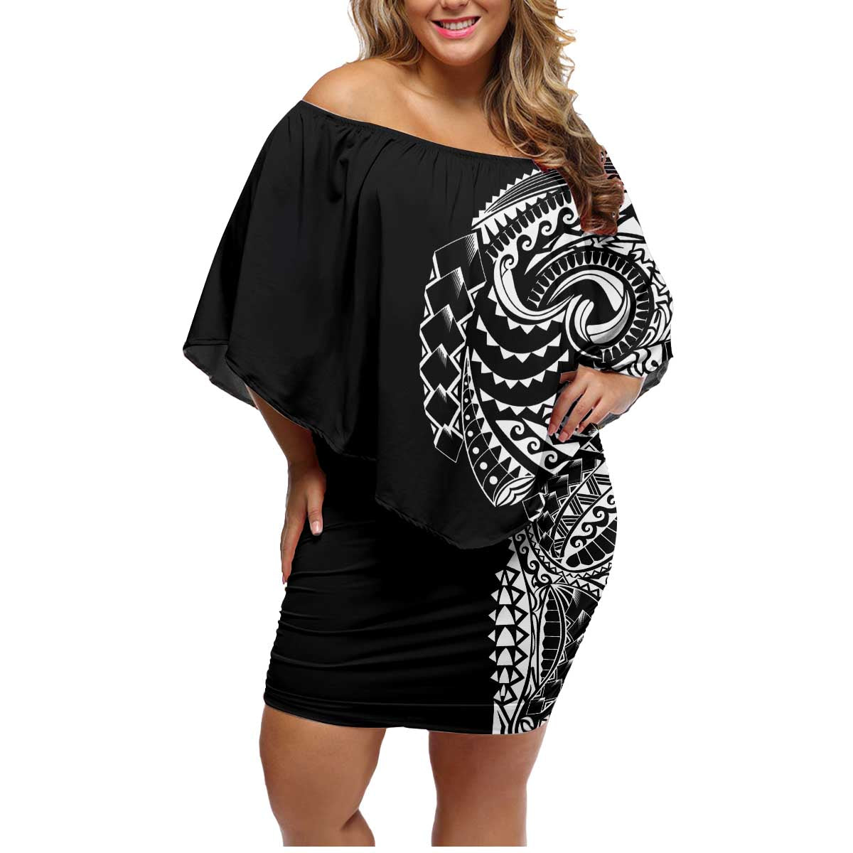 Polynesian Art Traditional Tattoo Family Matching Off Shoulder Short Dress and Hawaiian Shirt Simple Style