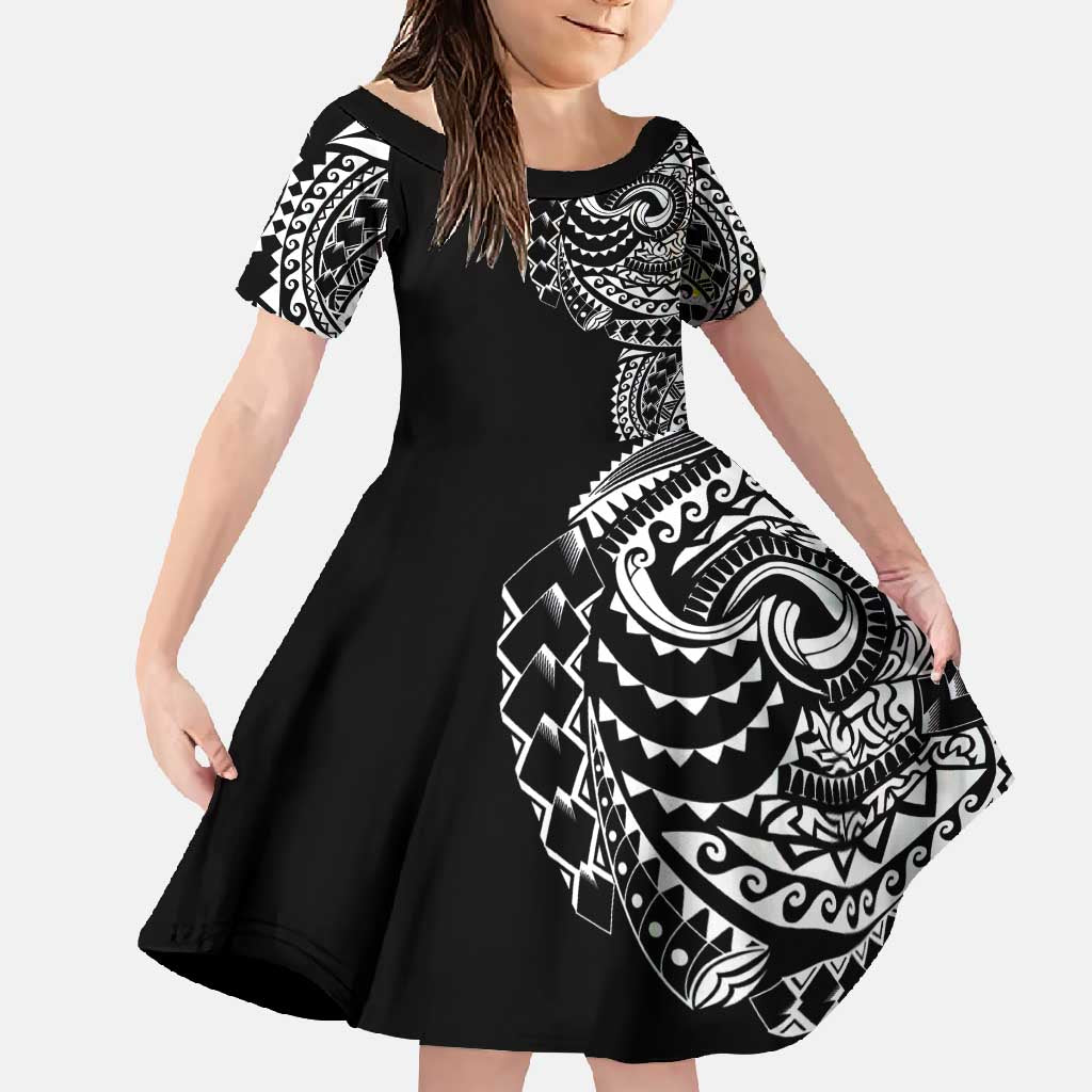 Polynesian Art Traditional Tattoo Family Matching Tank Maxi Dress and Hawaiian Shirt Simple Style LT03 Daughter's Dress Black - Polynesian Pride