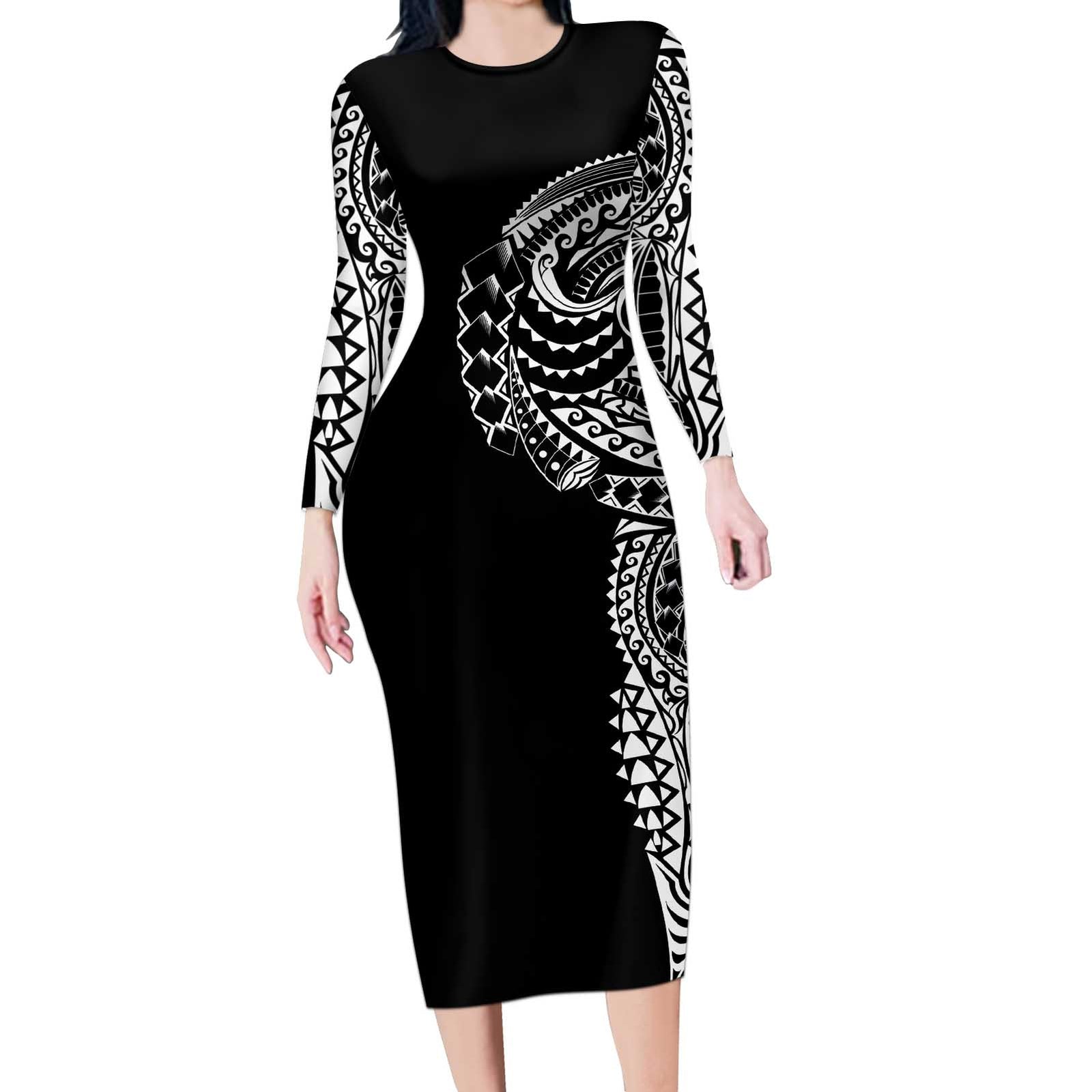 Polynesian Art Traditional Tattoo Long Sleeve Bodycon Dress Simple Style LT03 Long Dress Black - Polynesian Pride