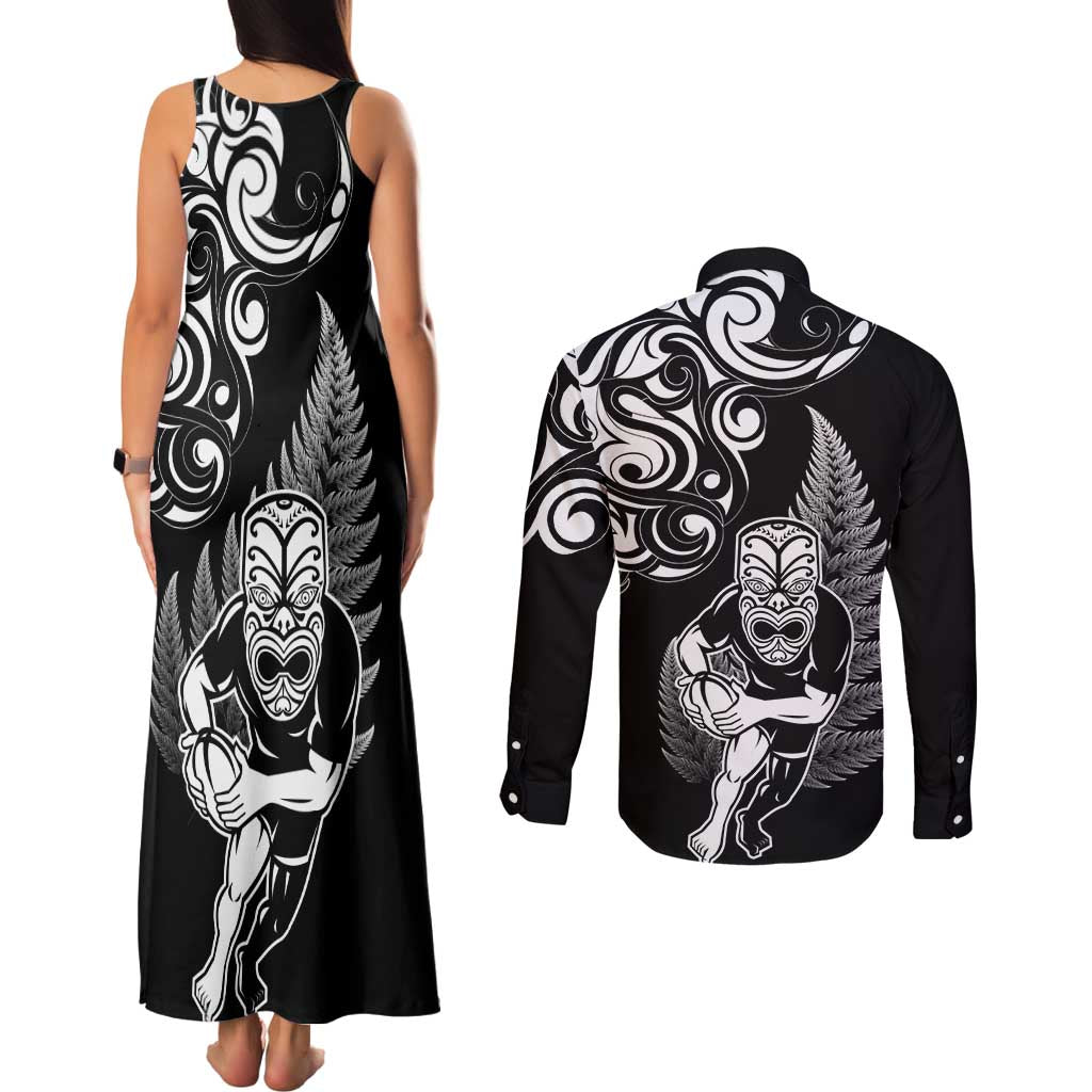 New Zealand Maori Warrior Rugby Couples Matching Tank Maxi Dress and Long Sleeve Button Shirt Silver Fern