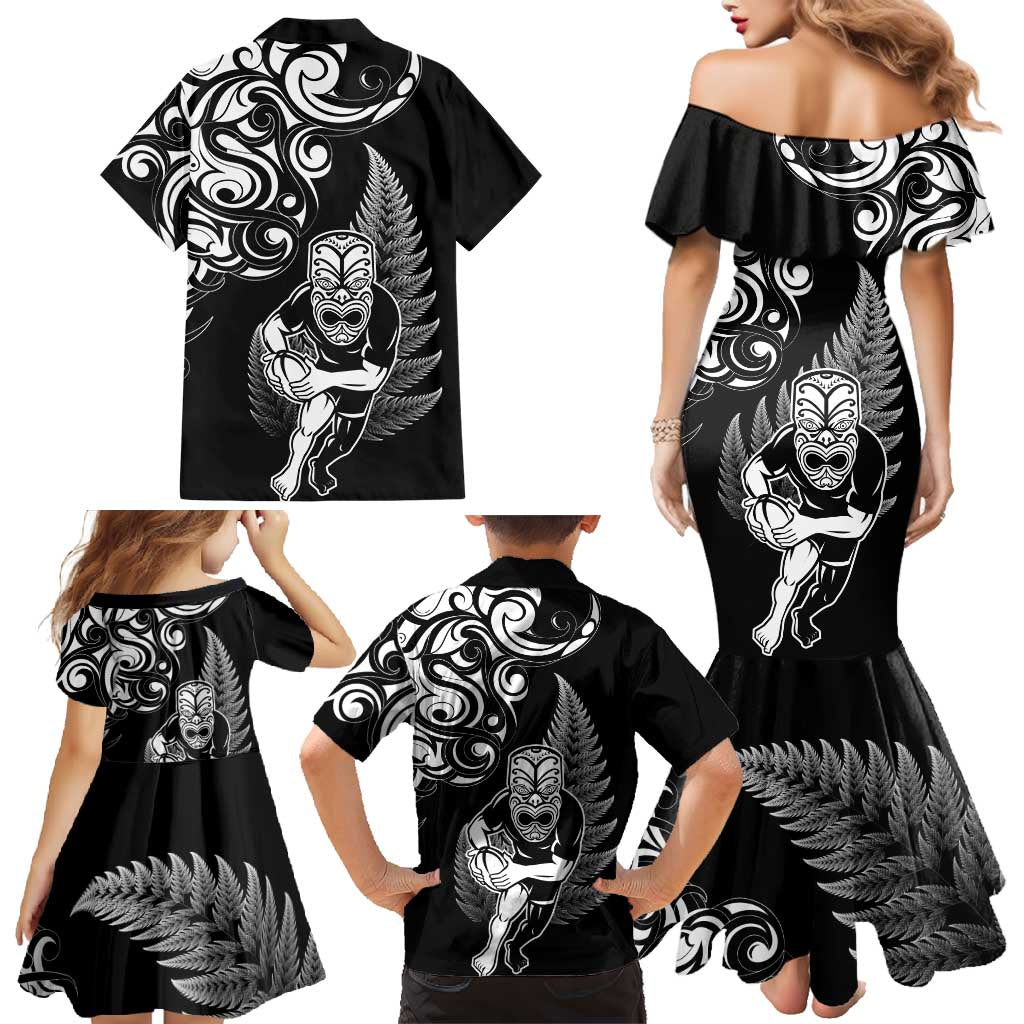 New Zealand Maori Warrior Rugby Family Matching Mermaid Dress and Hawaiian Shirt Silver Fern