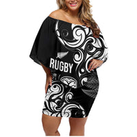 New Zealand Maori Warrior Rugby Family Matching Off Shoulder Short Dress and Hawaiian Shirt Silver Fern