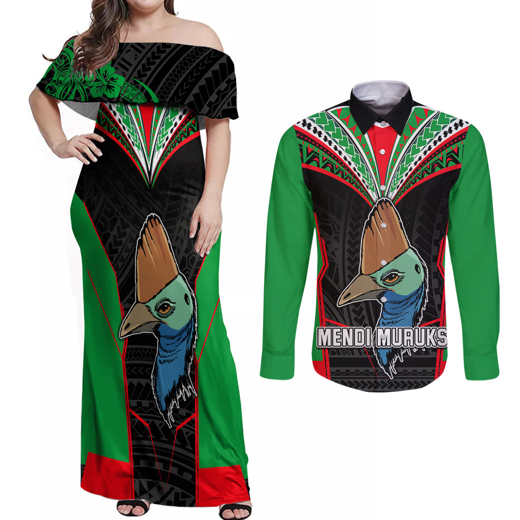 Custom PNG Mendi Muruks Rugby Couples Matching Off Shoulder Maxi Dress and Long Sleeve Button Shirts The Cassowary Head and PNG Bird Polynesian Tattoo LT03 Green - Polynesian Pride