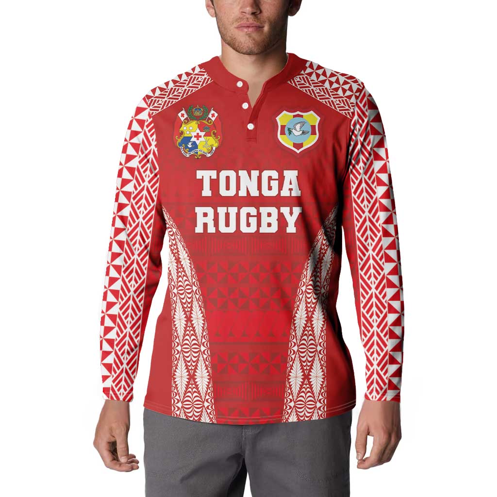 Custom Tonga Pacific Rugby 2024 Button Sweatshirt Ngatu Tribal Pattern