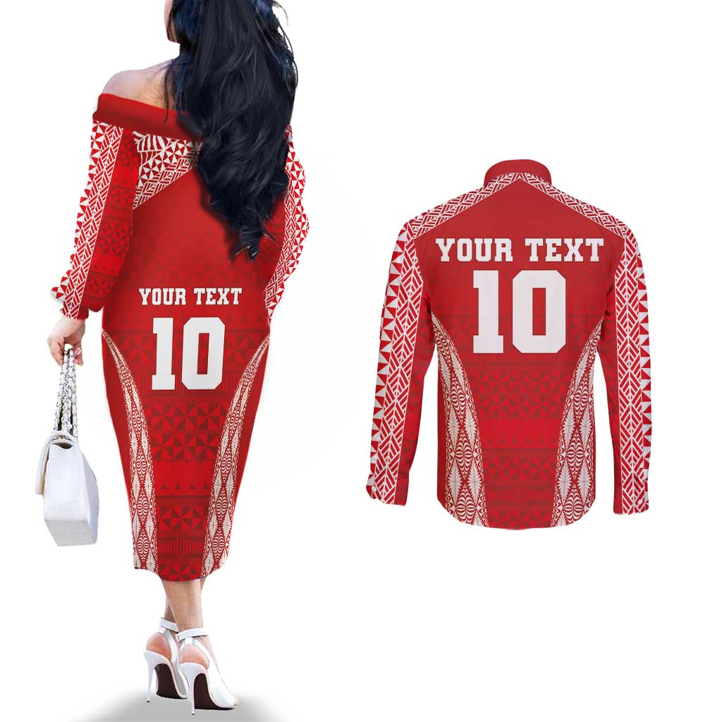 Custom Tonga Pacific Rugby 2024 Couples Matching Off The Shoulder Long Sleeve Dress and Long Sleeve Button Shirt Ngatu Tribal Pattern