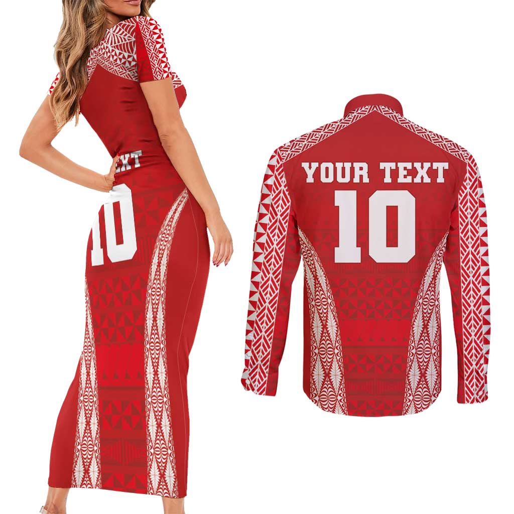 Custom Tonga Pacific Rugby 2024 Couples Matching Short Sleeve Bodycon Dress and Long Sleeve Button Shirt Ngatu Tribal Pattern