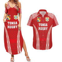 Custom Tonga Pacific Rugby 2024 Couples Matching Summer Maxi Dress and Hawaiian Shirt Ngatu Tribal Pattern LT03 Red - Polynesian Pride