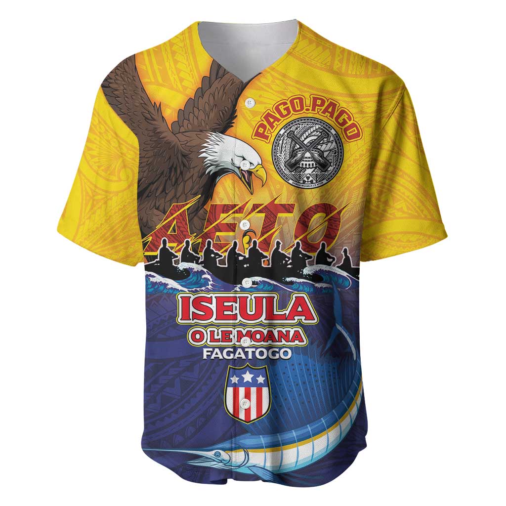 American Samoa Fautasi Baseball Jersey Bald Eage and Sailfish with Kakau Motifs LT03 Yellow - Polynesian Pride