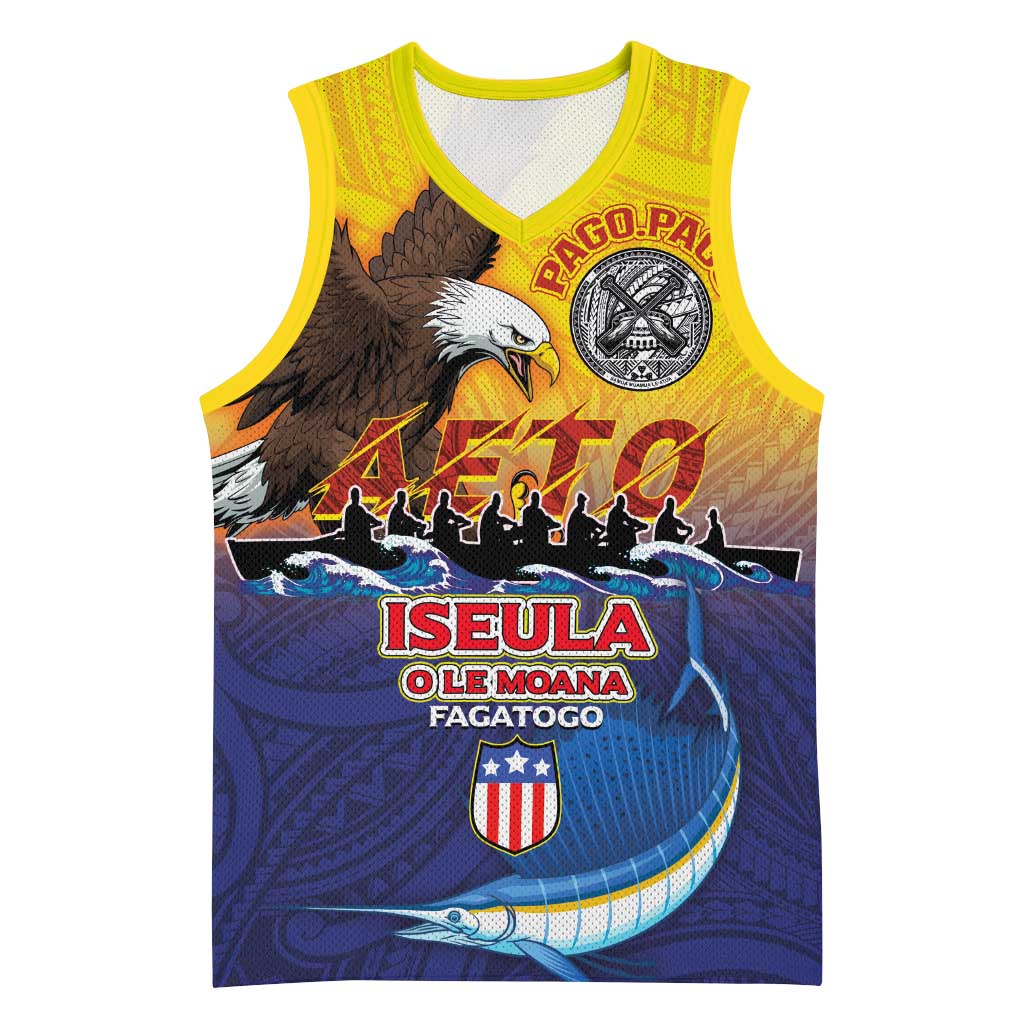 American Samoa Fautasi Basketball Jersey Bald Eage and Sailfish with Kakau Motifs LT03 Unisex Yellow - Polynesian Pride