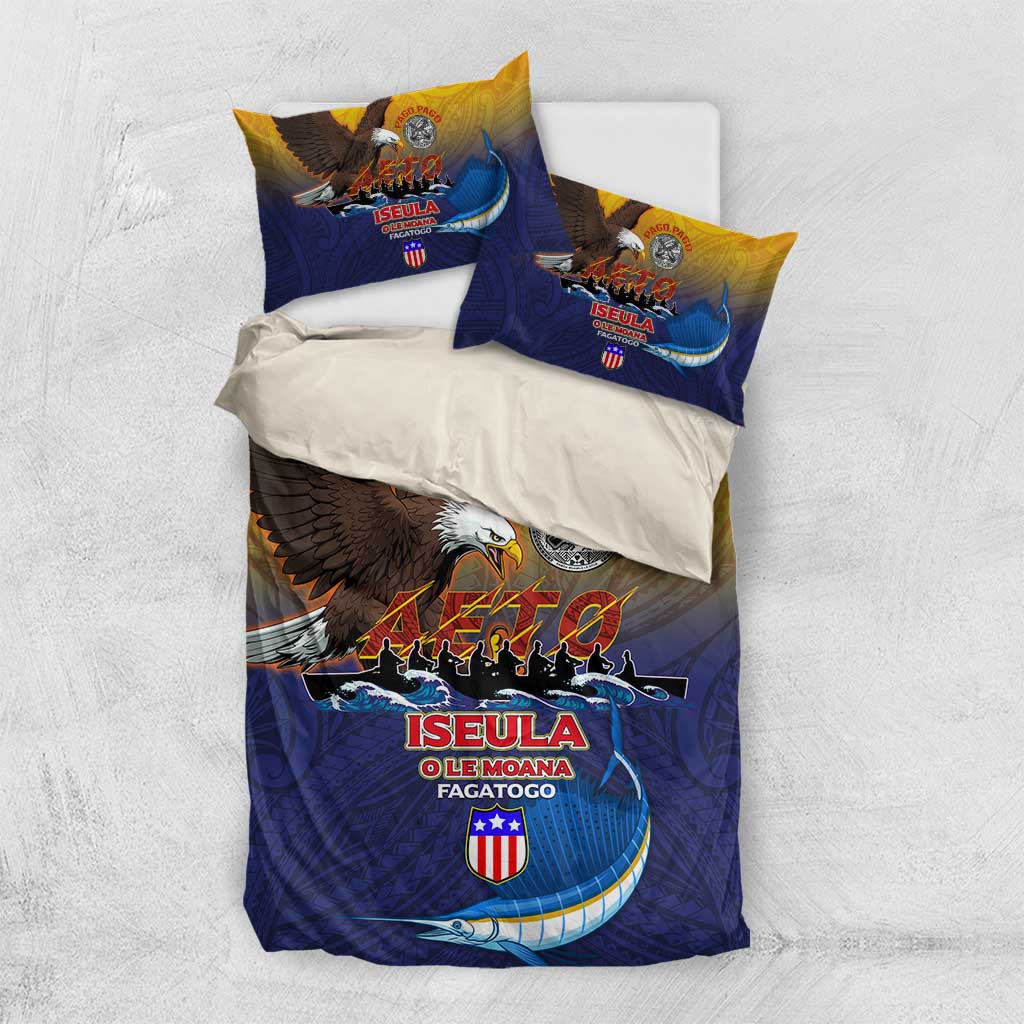 American Samoa Fautasi Bedding Set Bald Eage and Sailfish with Kakau Motifs - Polynesian Pride