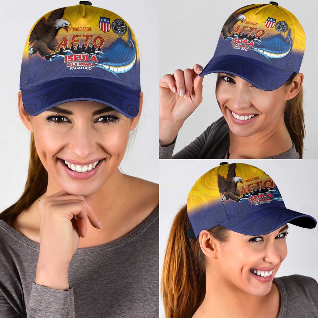 American Samoa Fautasi Classic Cap Bald Eage and Sailfish with Kakau Motifs - Polynesian Pride