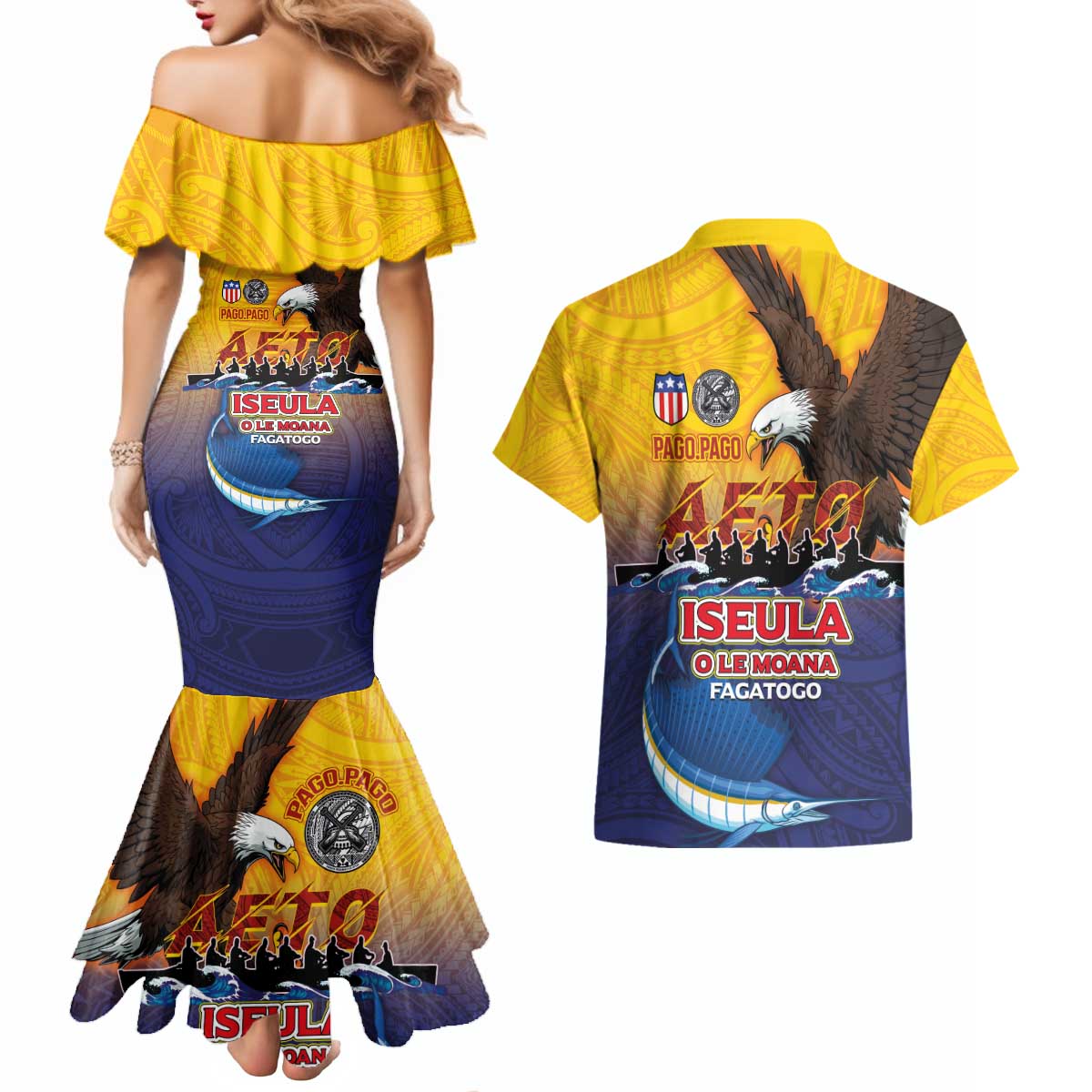 American Samoa Fautasi Couples Matching Mermaid Dress and Hawaiian Shirt Bald Eage and Sailfish with Kakau Motifs - Polynesian Pride