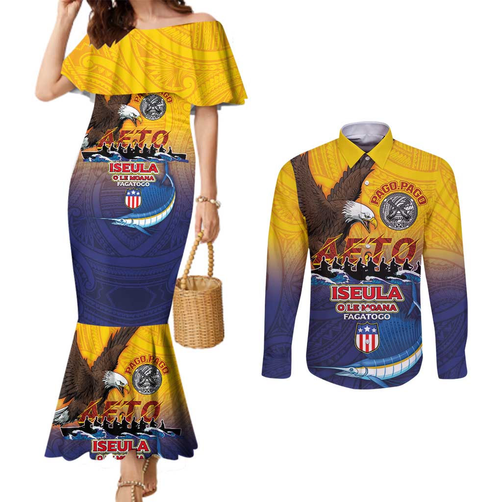 American Samoa Fautasi Couples Matching Mermaid Dress and Long Sleeve Button Shirt Bald Eage and Sailfish with Kakau Motifs LT03 Yellow - Polynesian Pride