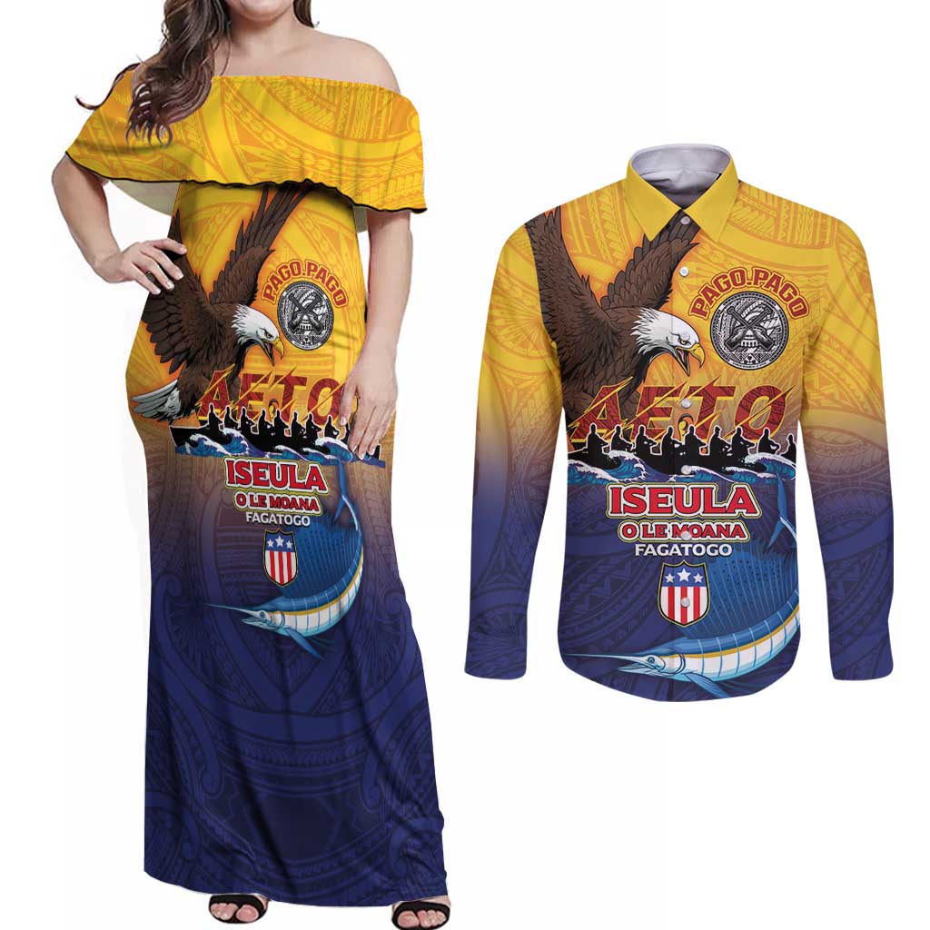 American Samoa Fautasi Couples Matching Off Shoulder Maxi Dress and Long Sleeve Button Shirt Bald Eage and Sailfish with Kakau Motifs LT03 Yellow - Polynesian Pride