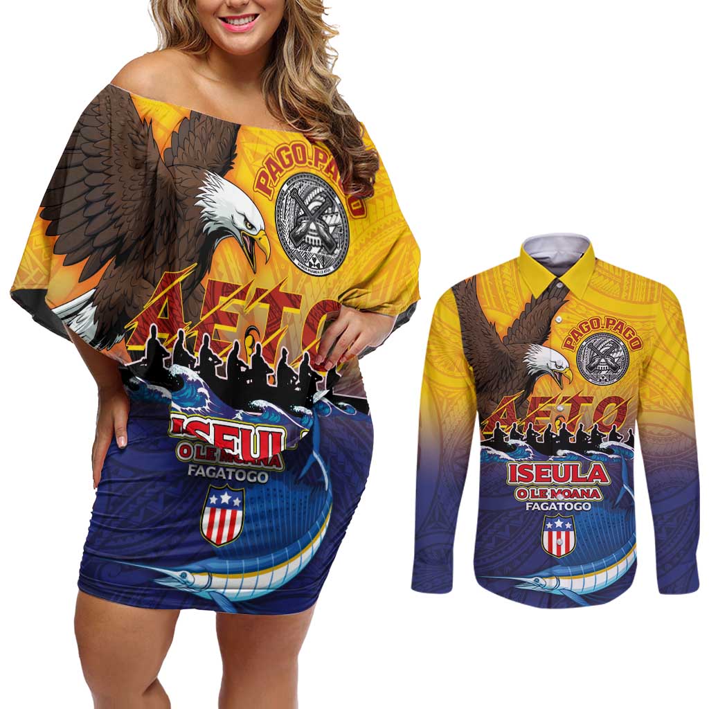 American Samoa Fautasi Couples Matching Off Shoulder Short Dress and Long Sleeve Button Shirt Bald Eage and Sailfish with Kakau Motifs LT03 Yellow - Polynesian Pride