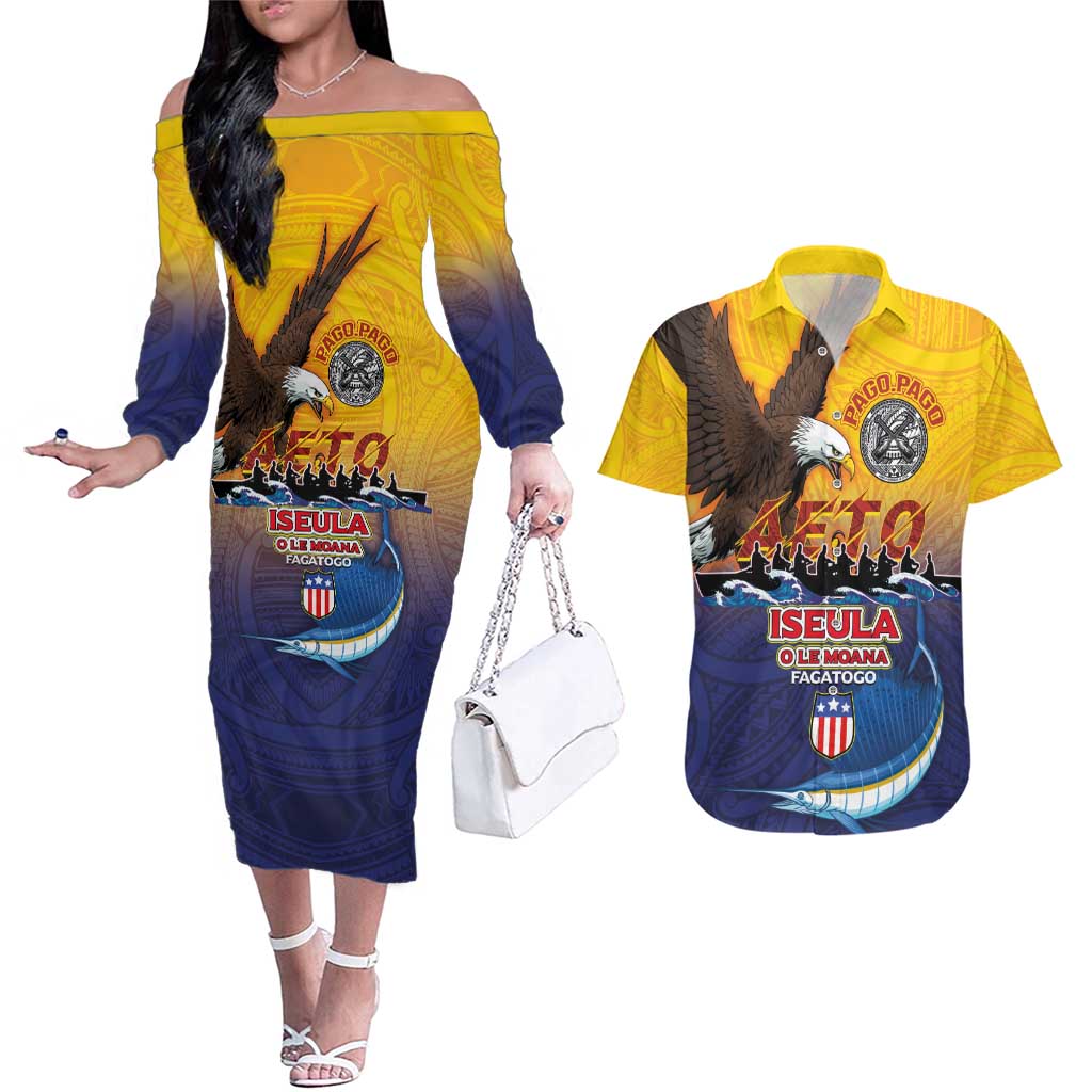 American Samoa Fautasi Couples Matching Off The Shoulder Long Sleeve Dress and Hawaiian Shirt Bald Eage and Sailfish with Kakau Motifs - Polynesian Pride
