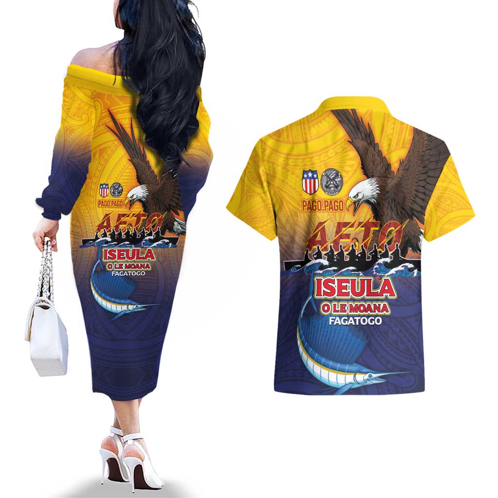 American Samoa Fautasi Couples Matching Off The Shoulder Long Sleeve Dress and Hawaiian Shirt Bald Eage and Sailfish with Kakau Motifs - Polynesian Pride
