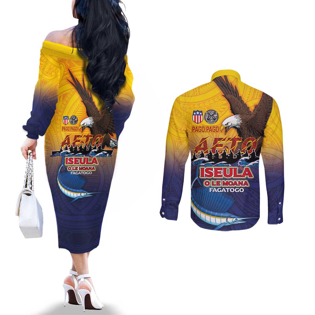 American Samoa Fautasi Couples Matching Off The Shoulder Long Sleeve Dress and Long Sleeve Button Shirt Bald Eage and Sailfish with Kakau Motifs - Polynesian Pride