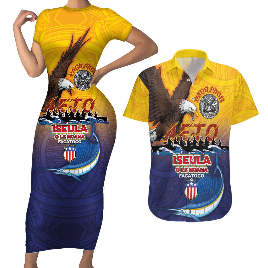 American Samoa Fautasi Couples Matching Short Sleeve Bodycon Dress and Hawaiian Shirt Bald Eage and Sailfish with Kakau Motifs - Polynesian Pride