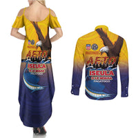 American Samoa Fautasi Couples Matching Summer Maxi Dress and Long Sleeve Button Shirt Bald Eage and Sailfish with Kakau Motifs - Polynesian Pride