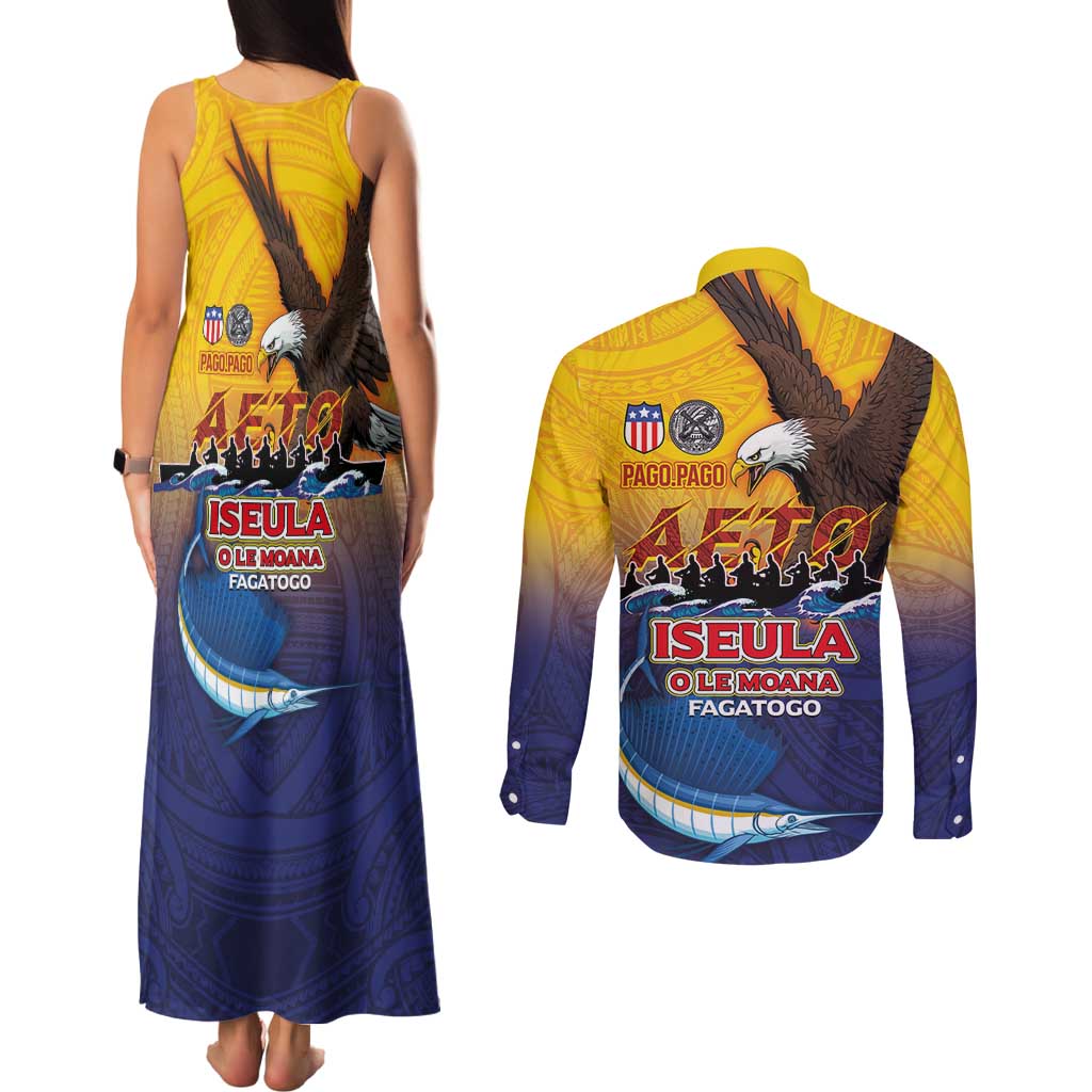 American Samoa Fautasi Couples Matching Tank Maxi Dress and Long Sleeve Button Shirt Bald Eage and Sailfish with Kakau Motifs - Polynesian Pride