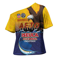 American Samoa Fautasi Cross Shoulder Shirt Bald Eage and Sailfish with Kakau Motifs - Polynesian Pride