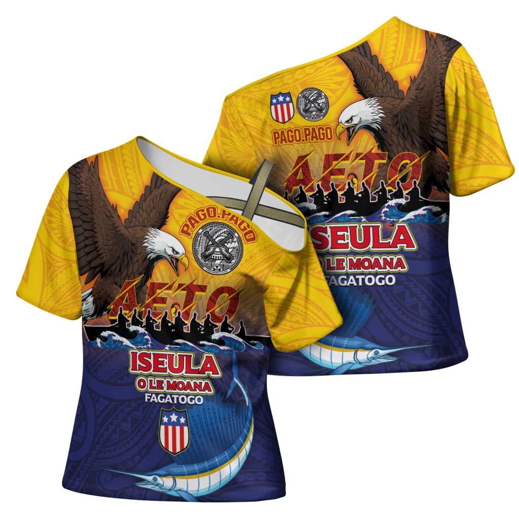 American Samoa Fautasi Cross Shoulder Shirt Bald Eage and Sailfish with Kakau Motifs - Polynesian Pride