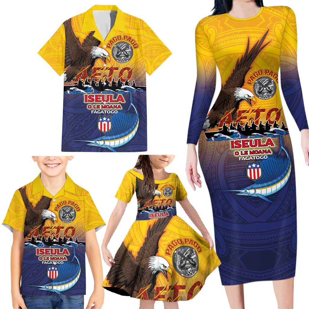 American Samoa Fautasi Family Matching Long Sleeve Bodycon Dress and Hawaiian Shirt Bald Eage and Sailfish with Kakau Motifs - Polynesian Pride