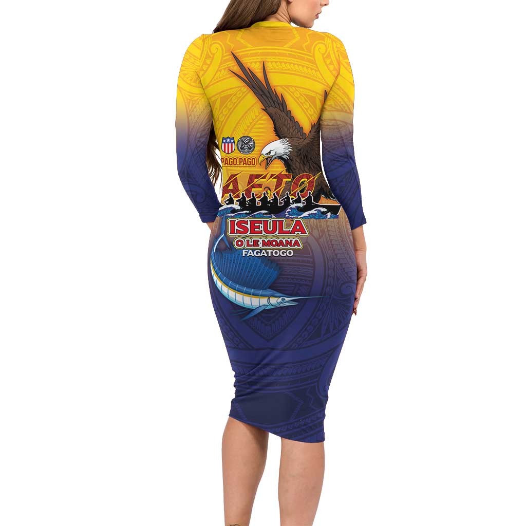 American Samoa Fautasi Family Matching Long Sleeve Bodycon Dress and Hawaiian Shirt Bald Eage and Sailfish with Kakau Motifs - Polynesian Pride