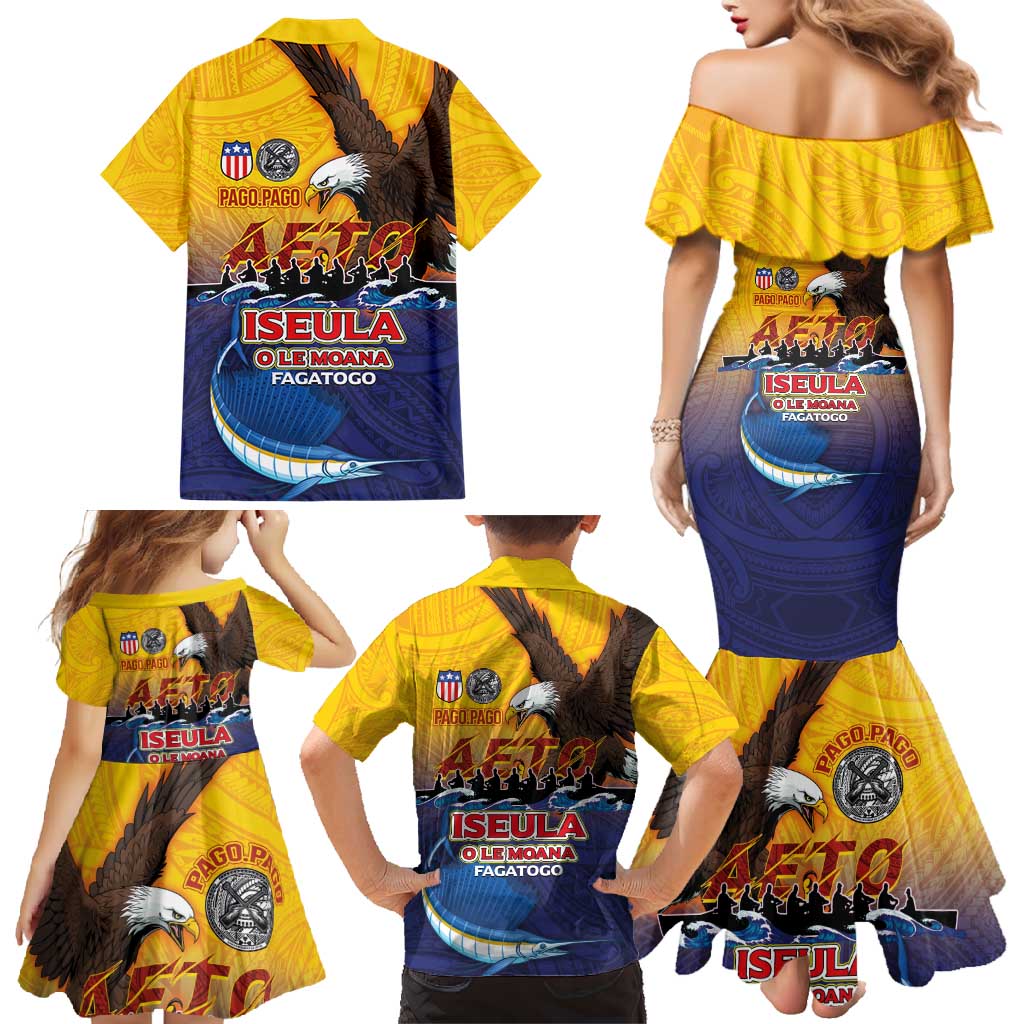 American Samoa Fautasi Family Matching Mermaid Dress and Hawaiian Shirt Bald Eage and Sailfish with Kakau Motifs - Polynesian Pride