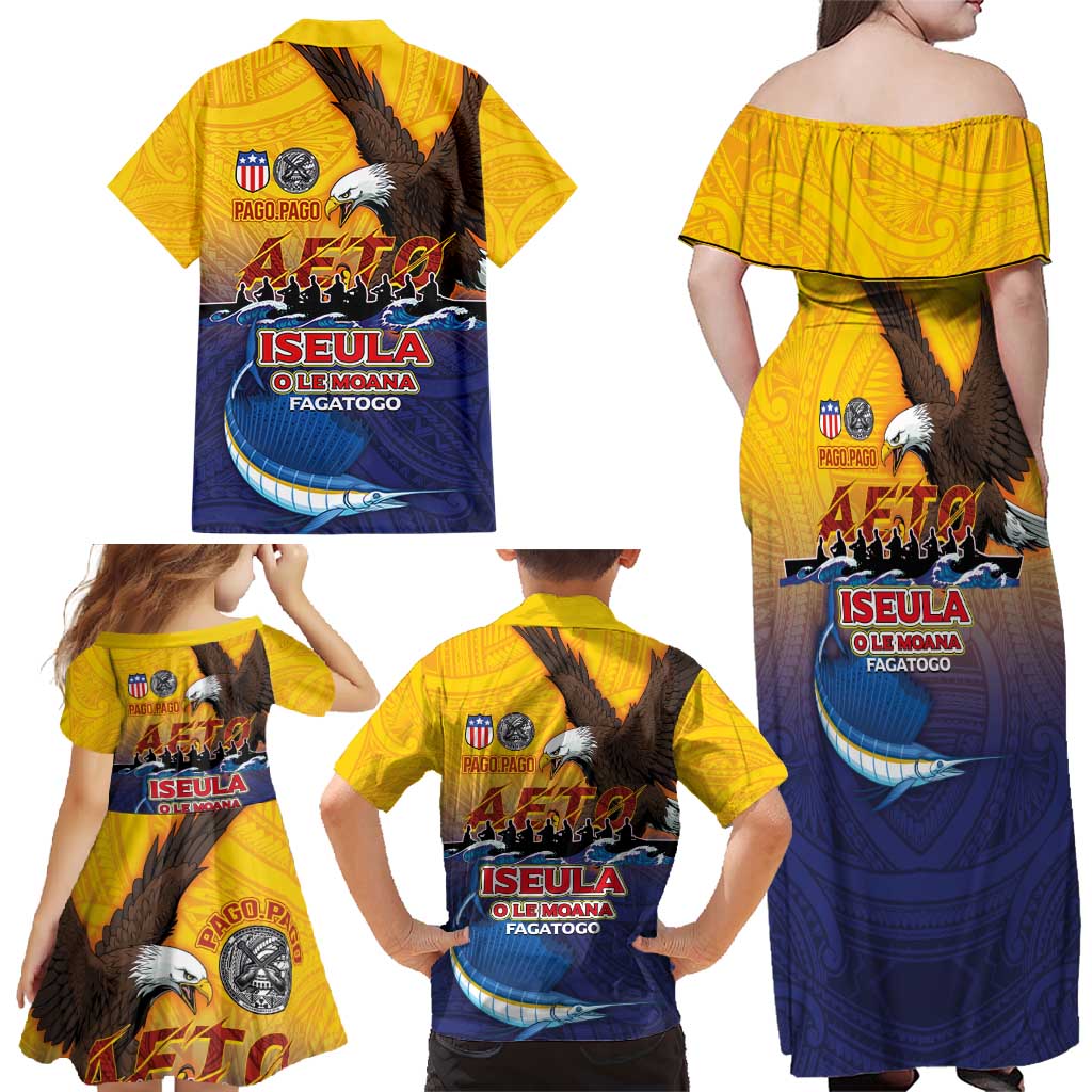 American Samoa Fautasi Family Matching Off Shoulder Maxi Dress and Hawaiian Shirt Bald Eage and Sailfish with Kakau Motifs - Polynesian Pride