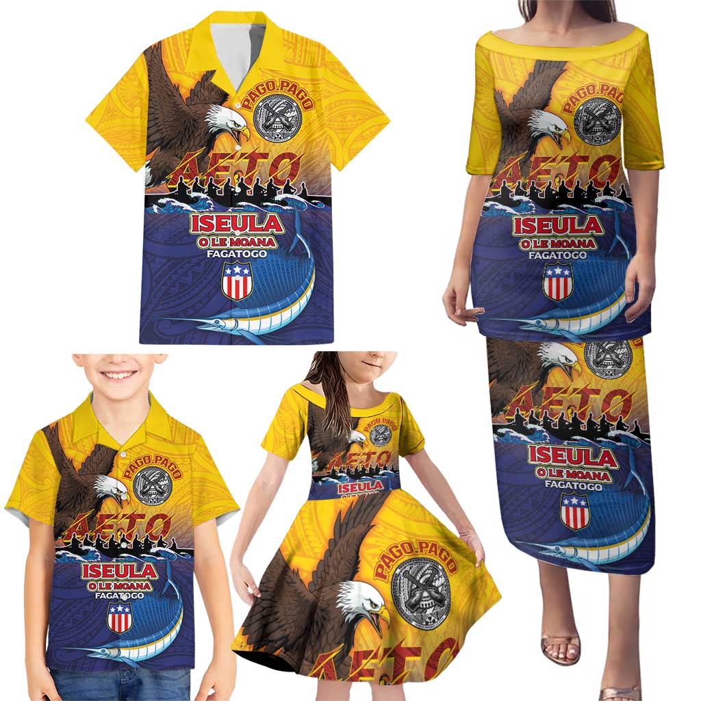 American Samoa Fautasi Family Matching Puletasi and Hawaiian Shirt Bald Eage and Sailfish with Kakau Motifs - Polynesian Pride