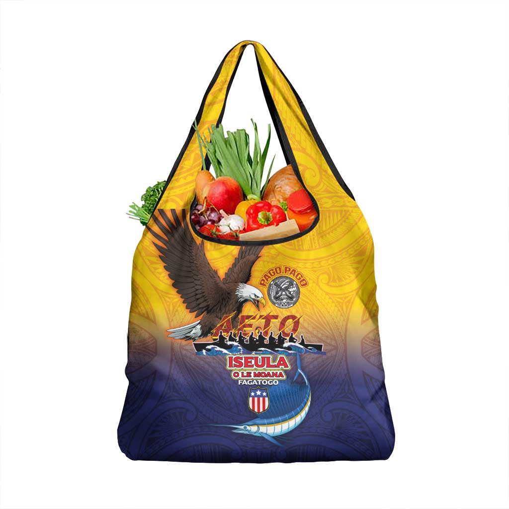 American Samoa Fautasi Grocery Bag Bald Eage and Sailfish with Kakau Motifs - Polynesian Pride