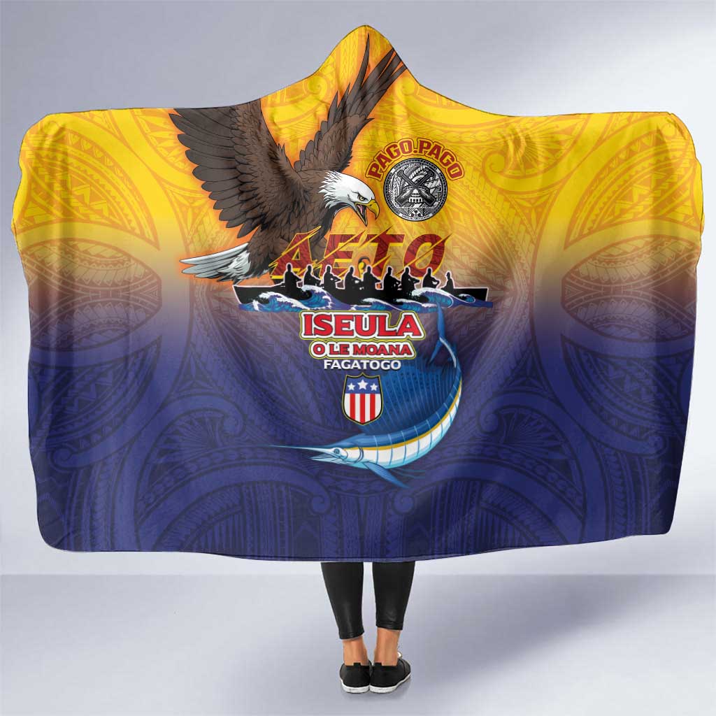 American Samoa Fautasi Hooded Blanket Bald Eage and Sailfish with Kakau Motifs LT03 One Size Yellow - Polynesian Pride