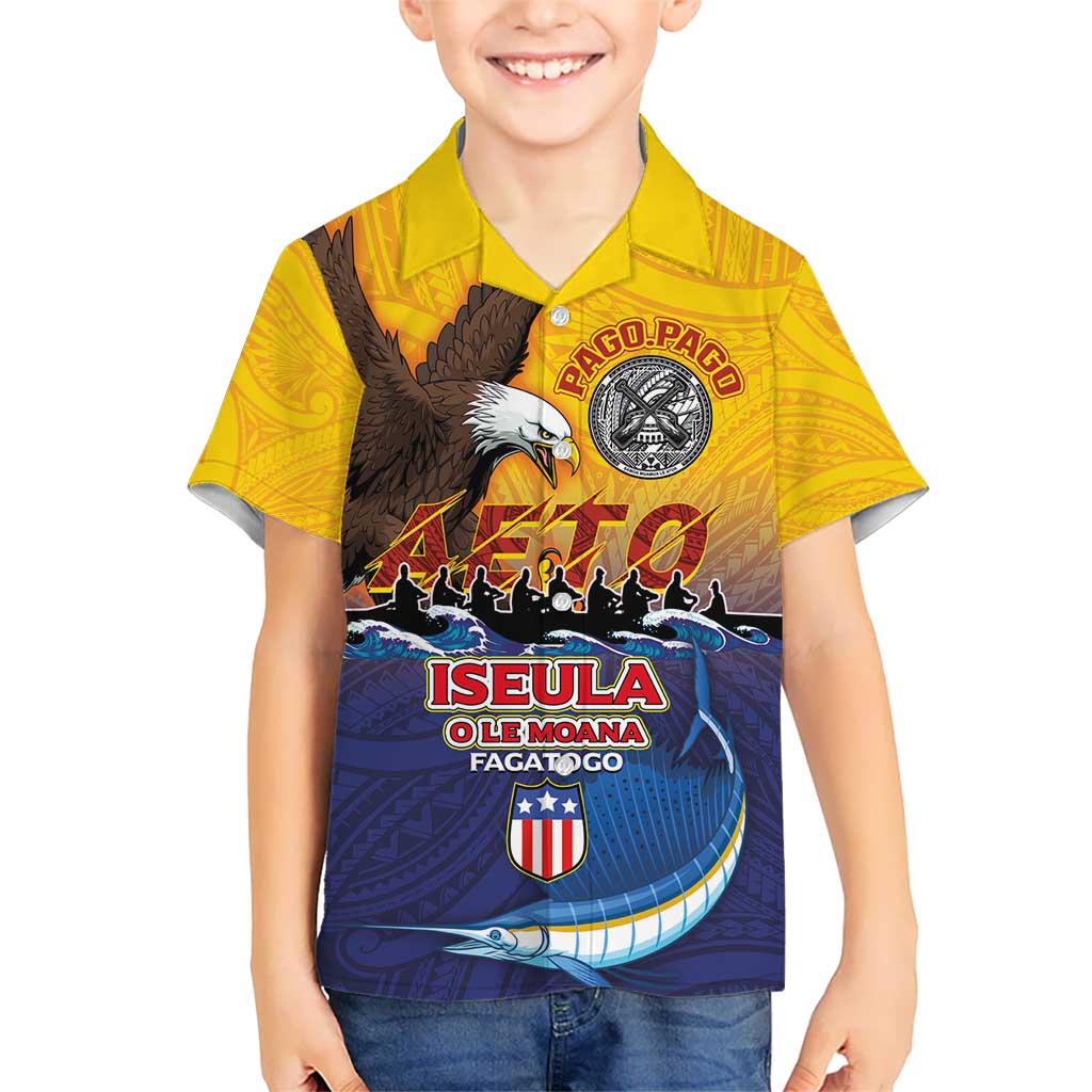 American Samoa Fautasi Kid Hawaiian Shirt Bald Eage and Sailfish with Kakau Motifs LT03 Kid Yellow - Polynesian Pride