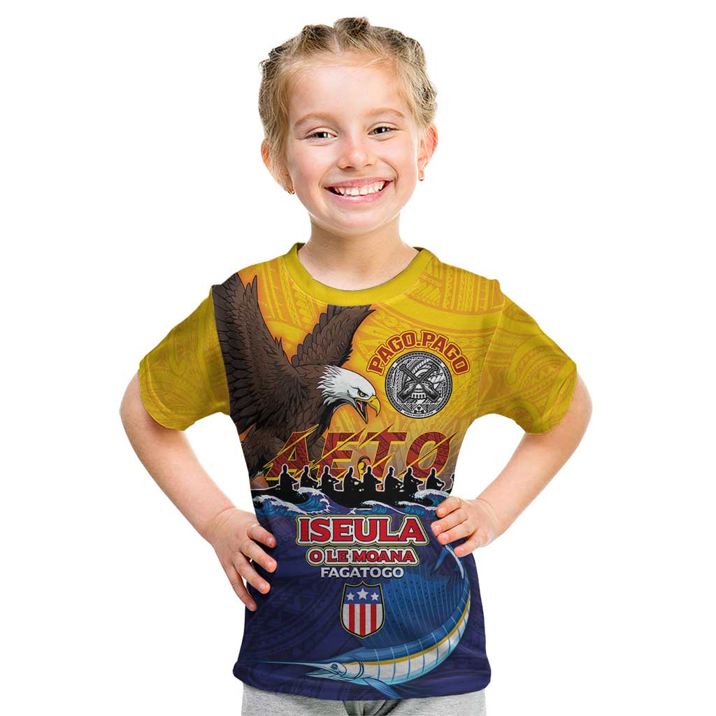 American Samoa Fautasi Kid T Shirt Bald Eage and Sailfish with Kakau Motifs LT03 Yellow - Polynesian Pride