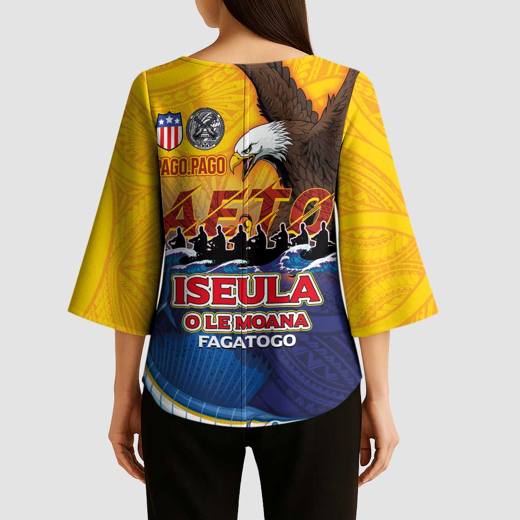 American Samoa Fautasi Kimono Sleeve Blouse Bald Eage and Sailfish with Kakau Motifs - Polynesian Pride