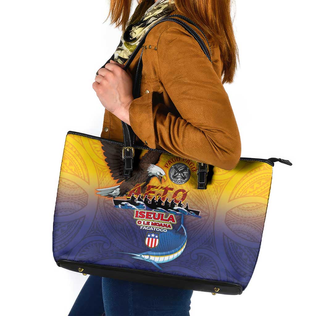 American Samoa Fautasi Leather Tote Bag Bald Eage and Sailfish with Kakau Motifs LT03 Yellow - Polynesian Pride
